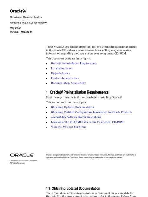 Oracle9i Database Release Notes | Oracle Database | Active Directory ...
