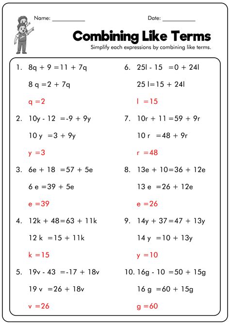 Combining Like Terms Worksheet 6th Grade