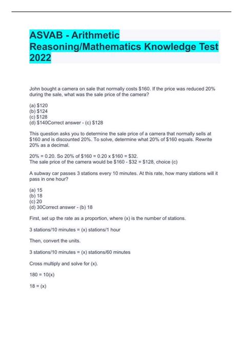 ASVAB - Arithmetic Reasoning/Mathematics Knowledge Test 2024 with ...