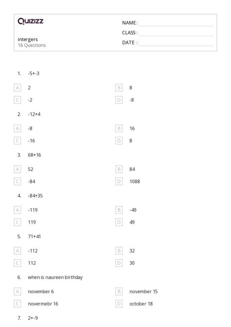 50+ Operations With Integers worksheets for 2nd Class on Quizizz | Free ...