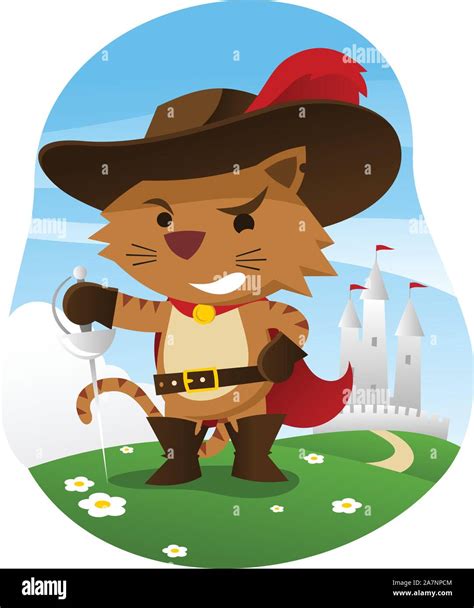 Puss in boots with wise funny face and sword, with castle behind him ...