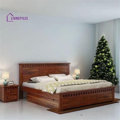 Sona Solid Sheesham Wood Bed With Two Drawers (King Size, Honey Finish ...