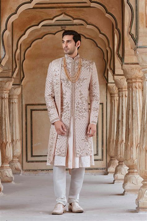 PEACHY CREAM SHERWANI SET WITH DUPATTA