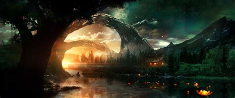 Download wallpaper 2560x1080 river, house, art, night, starry sky ...