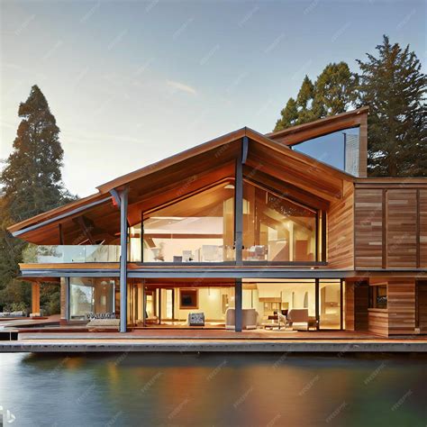 Premium AI Image | A modern lake house with a wooden exterior and large ...