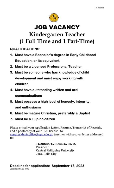JOB VACANCY - Kindergarten Teacher (1 Full Time and 1 Part-Time) - Central Philippine University