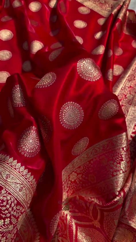 Bright Red Banarasi Silk Saree with Gold Zari Circular Medallion Motif ...