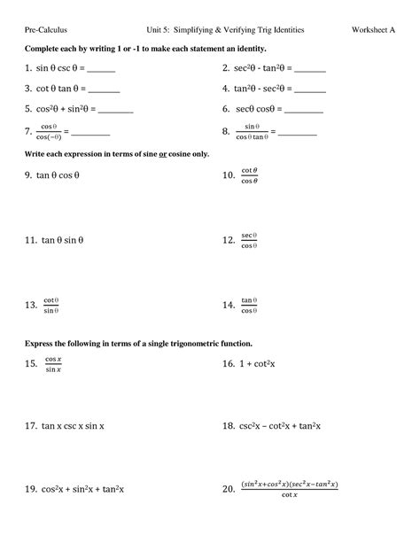 Worksheet A Simplifying Trig Expressions - Pre-Calculus Unit 5 ...