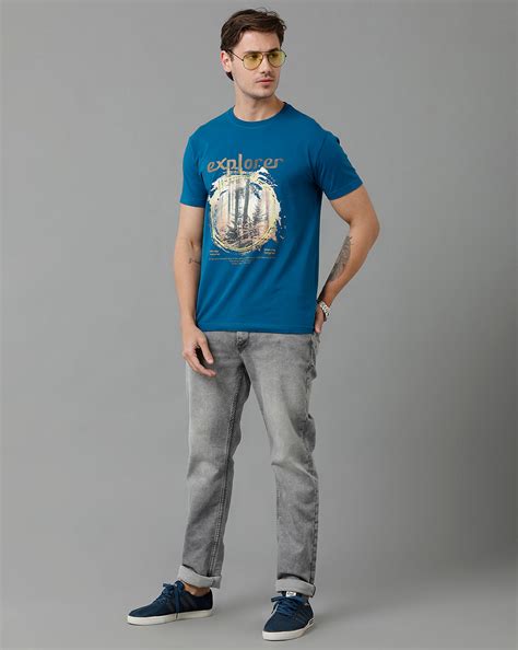 Classic Polo Men's Cotton Half Sleeve Printed Slim Fit Round Neck Blue