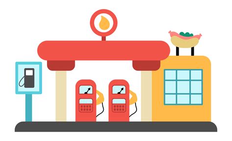 gas station icon. Gasoline or fuel stop with cafe, tanks, and sign ...