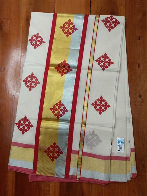 Kerala Handloom Kasavu Saree with Kasavu Border with Flower Print ...