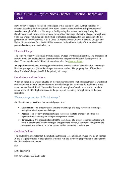 Image result for CBSE Class 12 Physics Chapter 1 Notes