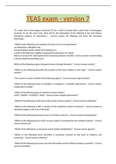 TEAS exam - version 7 questions and answers - ATI - Stuvia UK