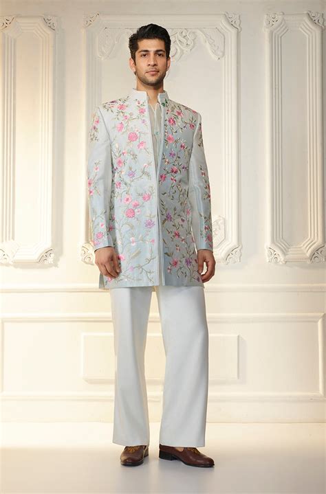 Ice Blue Multicolor Floral Embroidered Sherwani Set – Manish Malhotra