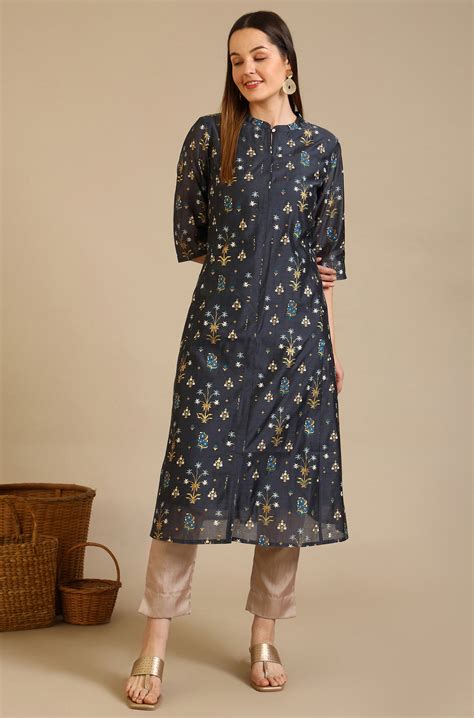 Buy Grey Floral Printed A-line Chanderi Kurta Online for Woman | Shop ...