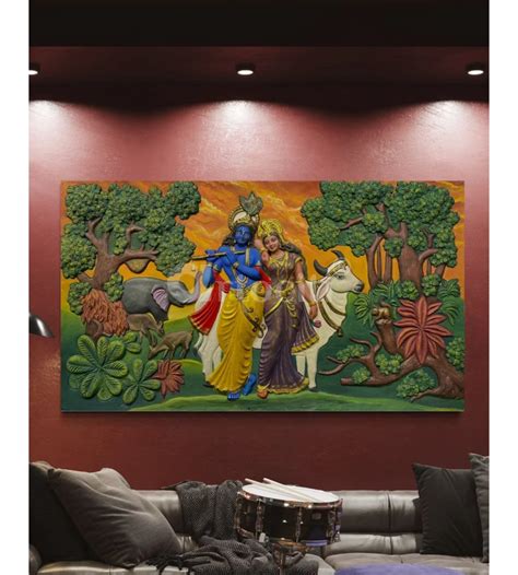 Buy 7x4 Feet Radha Krishna 3D Elevation Sculpture Relief Mural Wall Art ...