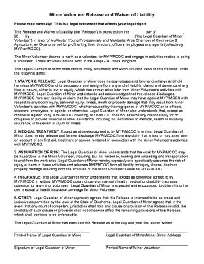 Fillable Online mcalester Minor Volunteer Release and Waiver of ...