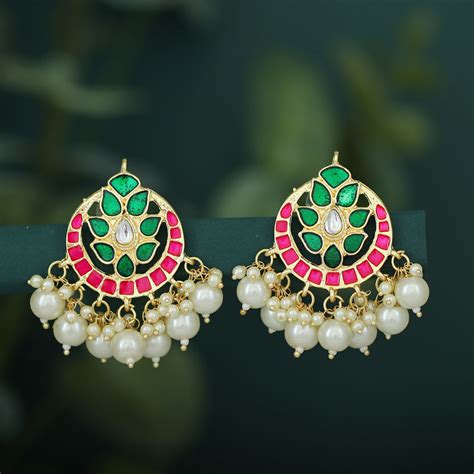 Sukkhi Glossy Kundan Gold Plated Pearl Meenakari Chandbali Earring For