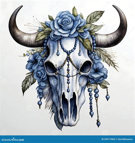 Watercolor Cow Skull Drawing With Mystic Symbolism And Turquoise ...