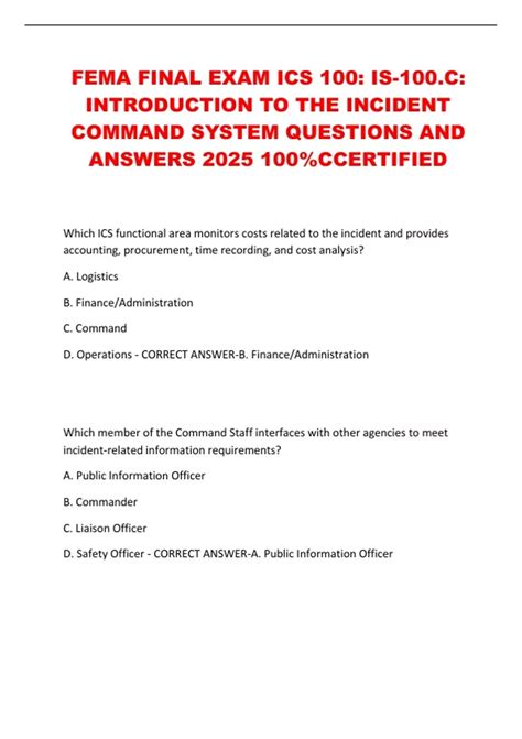 FEMA FINAL EXAM ICS 100: IS-100.C: INTRODUCTION TO THE INCIDENT COMMAND ...