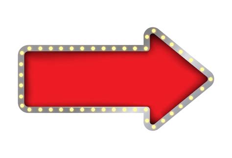 Blank red arrow sign with retro yellow neon light bulb and metal frame ...