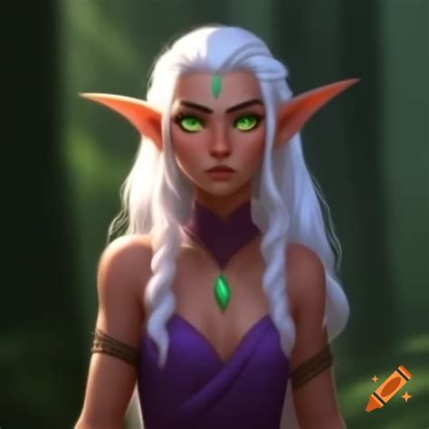 Realistic light purple elf in armor with white hair and eyes in snowy ...