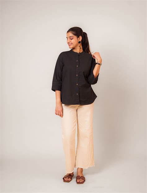Black Lace Trim Mandarin Collar Solid Cotton Tunic Top – situ