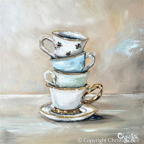 ORIGINAL Teacup Oil Painting Stacked Cups White Wall Art Home Decor – Contemporary Art by Christine