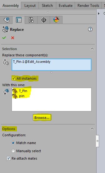 SolidWorks Replace Component in Assembly 的图像结果