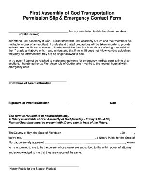 First Assembly Of God Transportation Permission Slip Amp BEmergencyb Bb ...