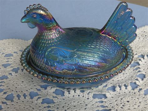 Old Blue Carnival Indiana Glass Nesting Chicken Hen Vintage Covered ...