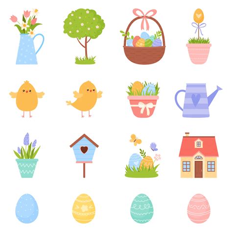 Collection of spring elements. Easter eggs, flowers, chickens, house ...