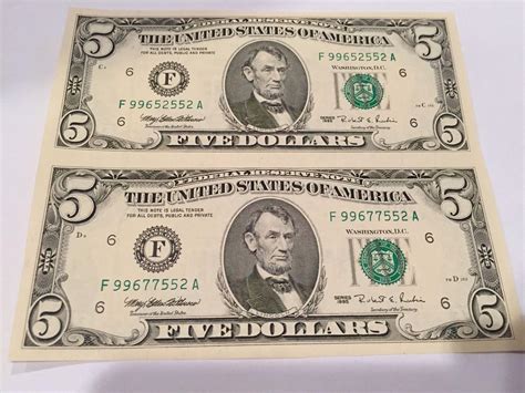1995 * Uncut Sheet Of 2 $5 Five Dollar Star Note Notes Bill Bills ...