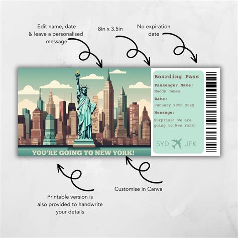 Boarding Pass New York, Surprise Trip to New York, Surprise Boarding Pass Template, You're Going ...