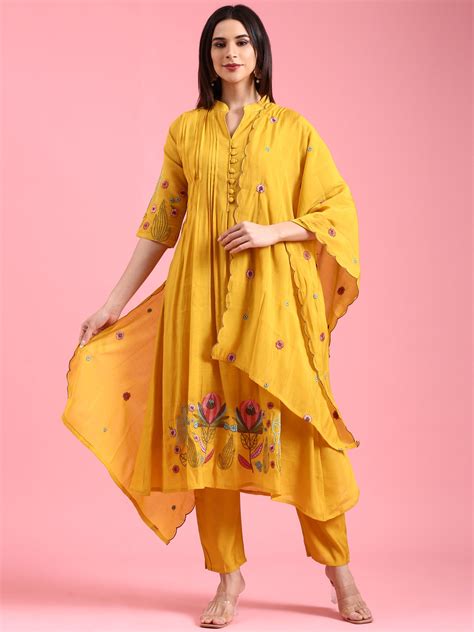 Mustard Chanderi Embroidery Aline Three Piece Suit Set – Neerus India