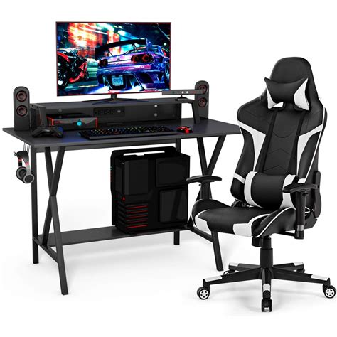 Tangkula Gaming Desk and Chair Set, Ergonomic E-Sport Gamer Desk ...