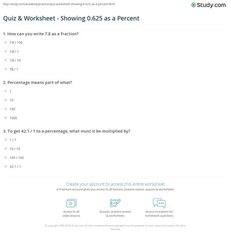 Quiz & Worksheet - Showing 0.625 as a Percent | Study.com