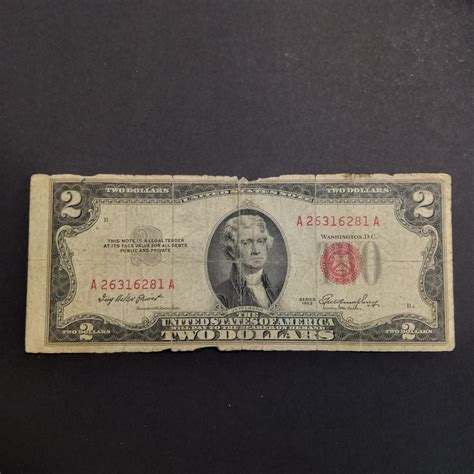 At Auction: Collectible miscut/error US 1953 Two dollar $2 bill note ...
