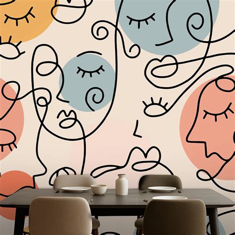 Eclectic dining room with abstract line art wallpaper and modern dining ...