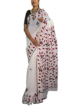 Buy KRISHNENDU SHRIMANI women's Chandani Aplique (Red Leaf) saree with ...