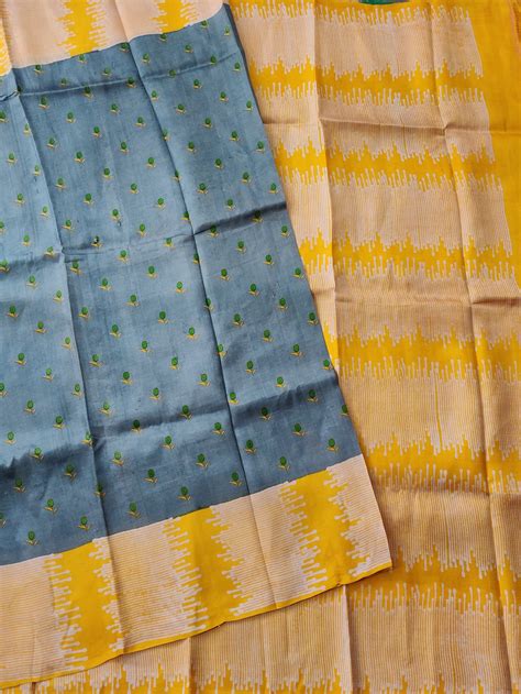 Grey Colour Murshid bad Silk Saree With Block Prints All Over Code : K ...