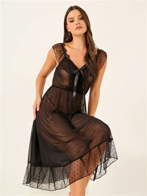Styli Scallop Lace Edge Mesh Panel Ruffle Hem Babydoll with Briefs for ...
