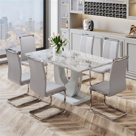 Amazon.com - Nimaolt 7 Piece Marble Dining Table Set, Luxury Silver ...