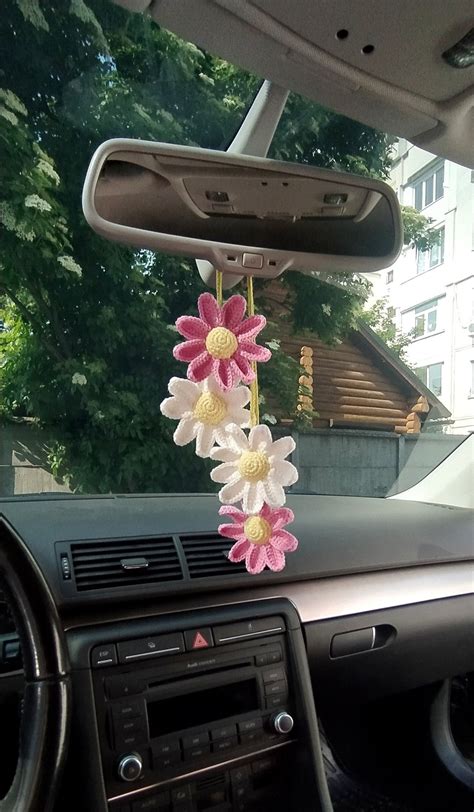 Crochet Daisy Gifts Aesthetic Car Mirror Accessories, Cute Car Decoration for Women, Interior ...