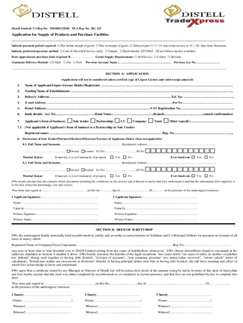 ZA Distell Application for Supply of Products and Form - Fill Online ...