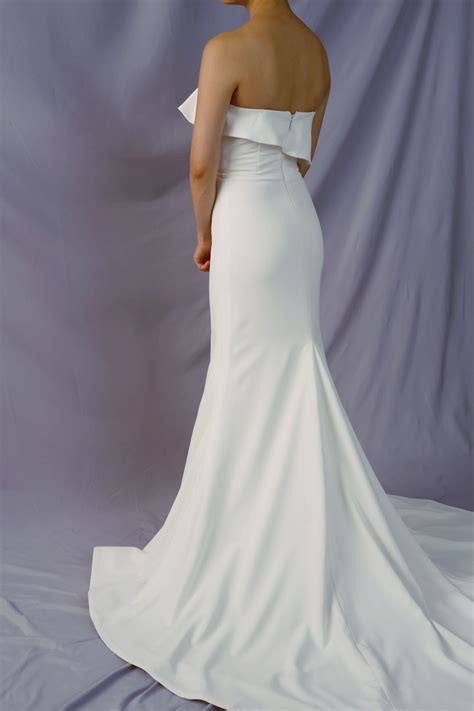 Olivia Frilly Straight Strapless Crepe Column Minimal Wedding Dress with Slit | Bone and Grey ...