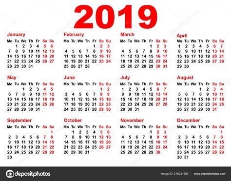 2019 Year Calendar Template Grid Pocket Horizontal Orientation Isolated ...
