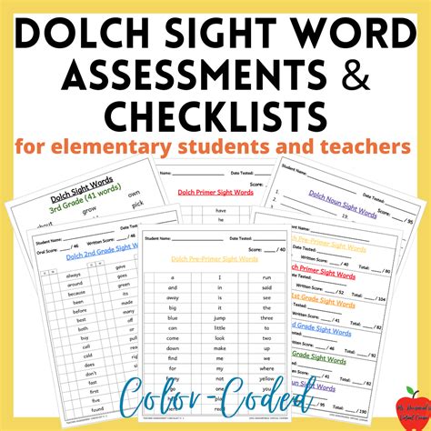 Dolch sight word assessments and checklists color coded easy to use ...