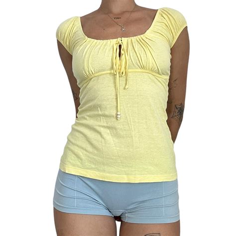 Y2k milkmaid tee baby yellow fitted top Vintage... - Depop