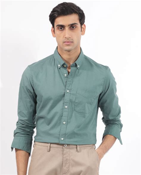 Rare Rabbit Men's Auxfo Light Petrol Cotton Fabric Full Sleeves Solid
